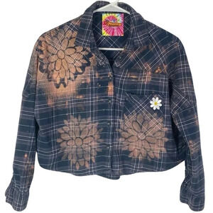 Boho Flannel Shirt Womens Small XS Cropped Reworked Floral Bleached Plaid Blue